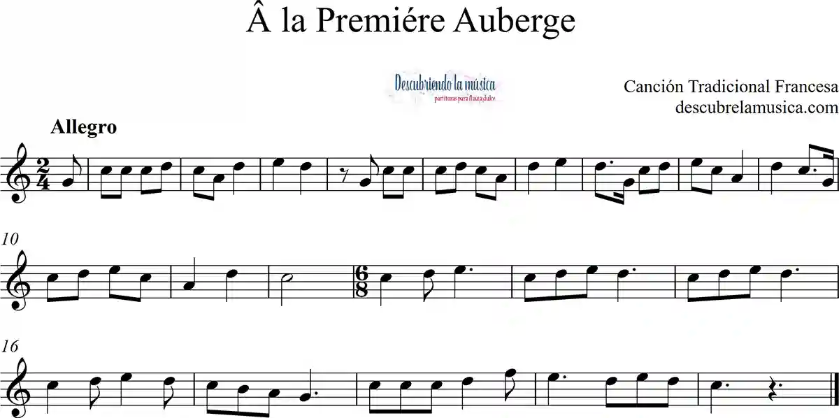 Â la Premiére Auberge Partitura para flauta dulce
