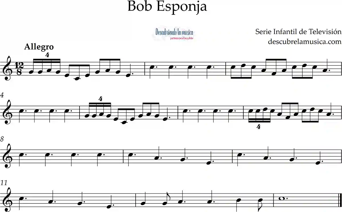 Bob Esponja. Partitura para flauta dulce