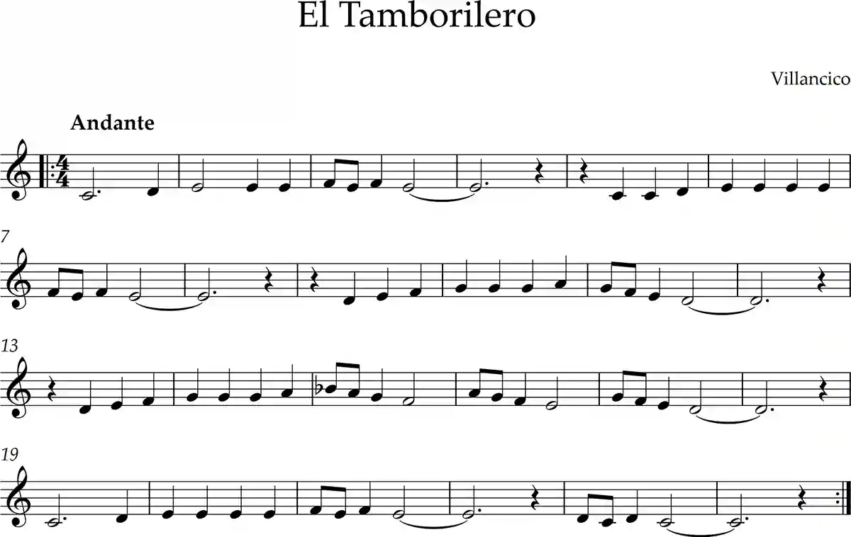 El Tamborilero. Partitura para flauta dulce