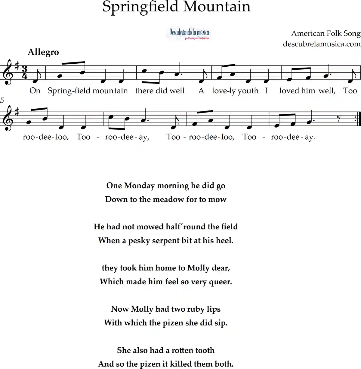 Springfield Mountain. Partitura para flauta dulce