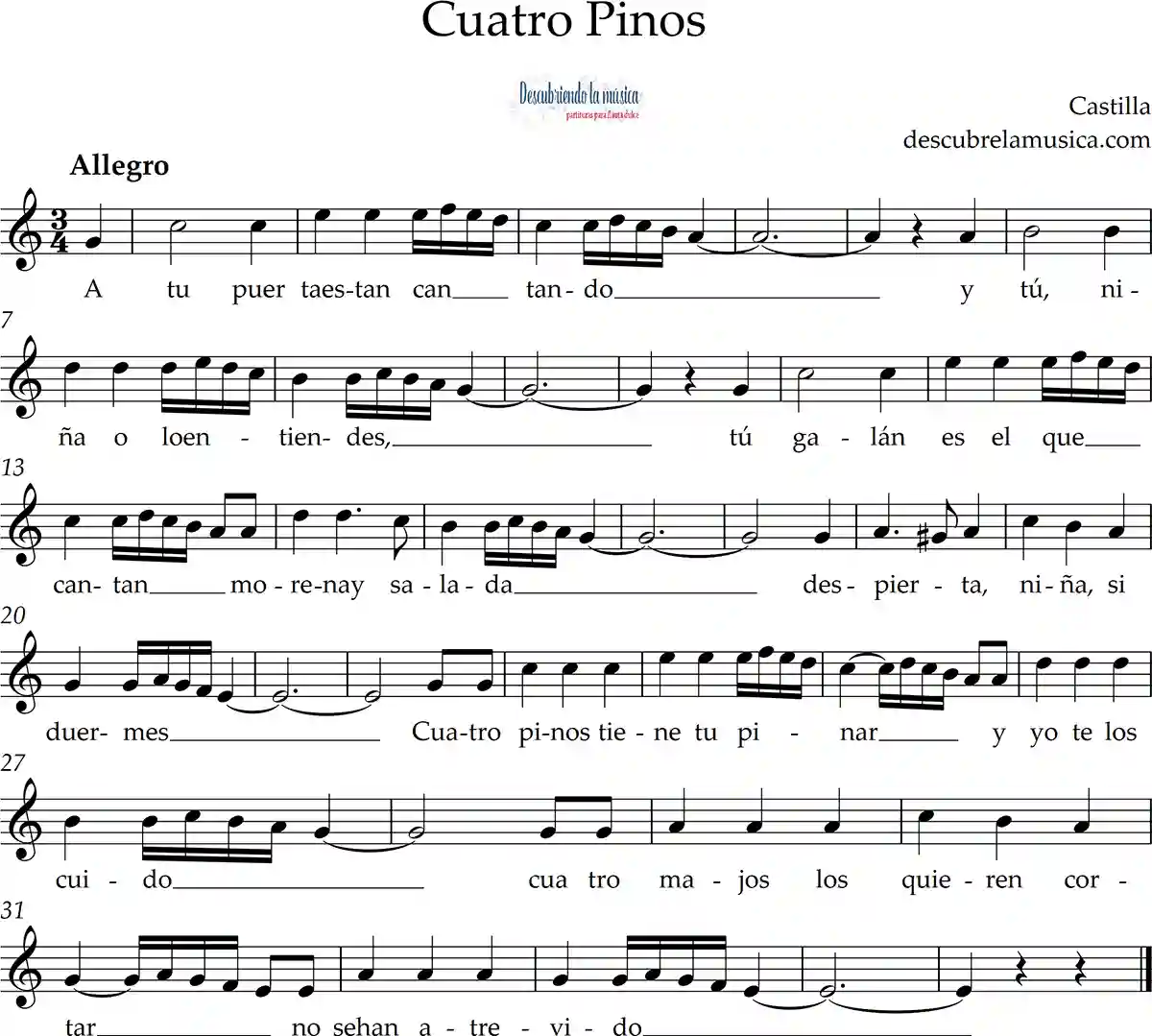 Cuatro Pinos. Melodía para flauta dulce